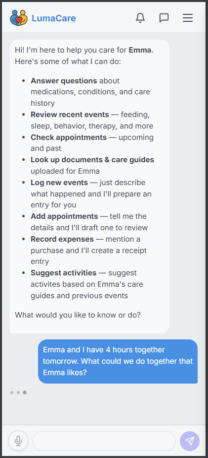 Typing a question to the LumaCare AI assistant