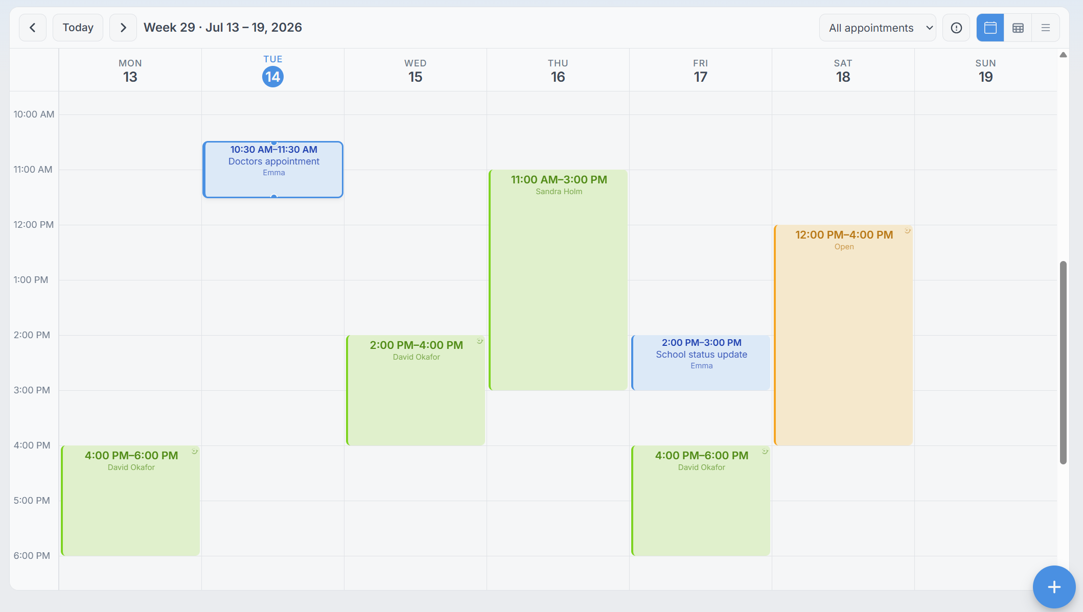 The shared family calendar in LumaCare showing appointments and shifts