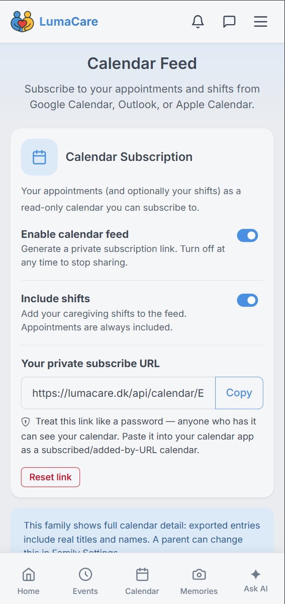 Syncing the LumaCare family calendar to an external calendar app