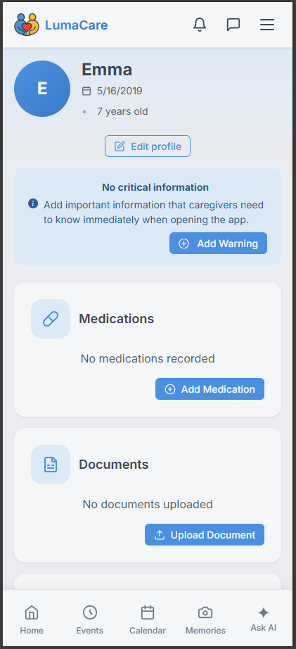 Creating a care recipient profile in LumaCare