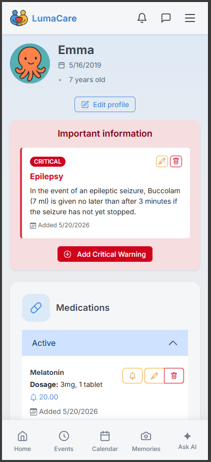 Recording allergies, conditions, and medications with critical flags