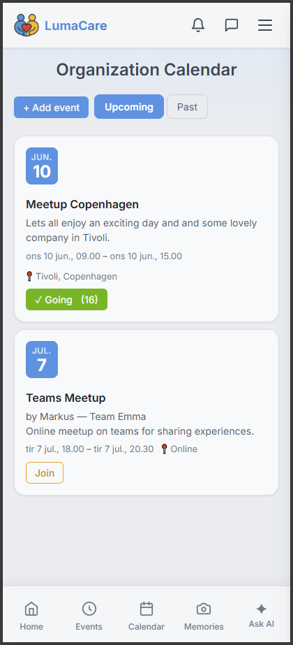 Shared documents and an organisation community calendar