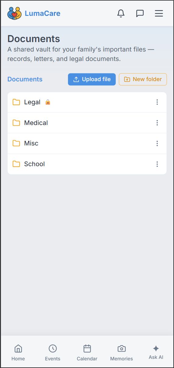 Organizing documents into folders in LumaCare