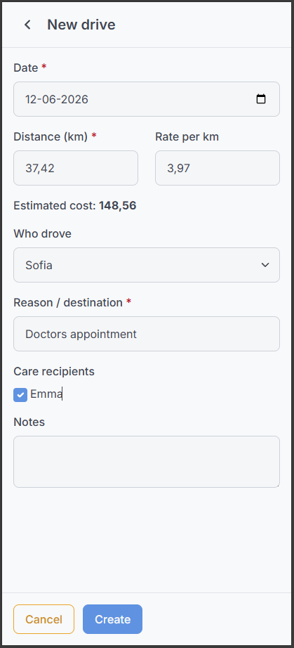 Adding a drive to the LumaCare driving diary