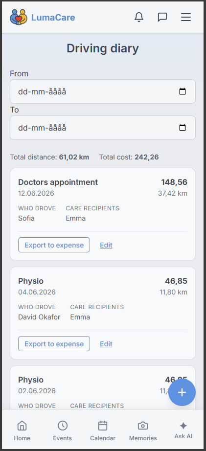 A list of logged drives with distance and cost totals