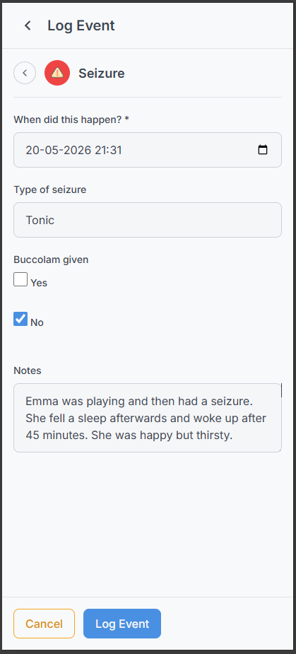 Logging a care event using a guided form