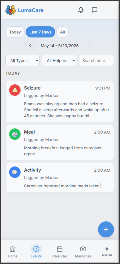 Shared timeline of logged care events