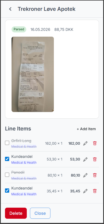 Reviewing AI-parsed receipt line items and categories