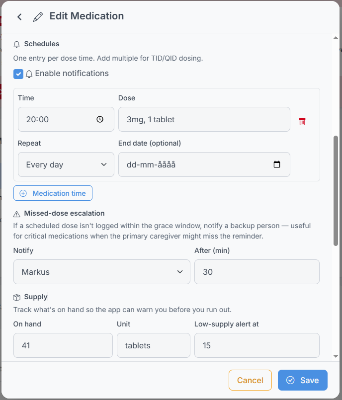 Setting up a medication with scheduled and as-needed dosing