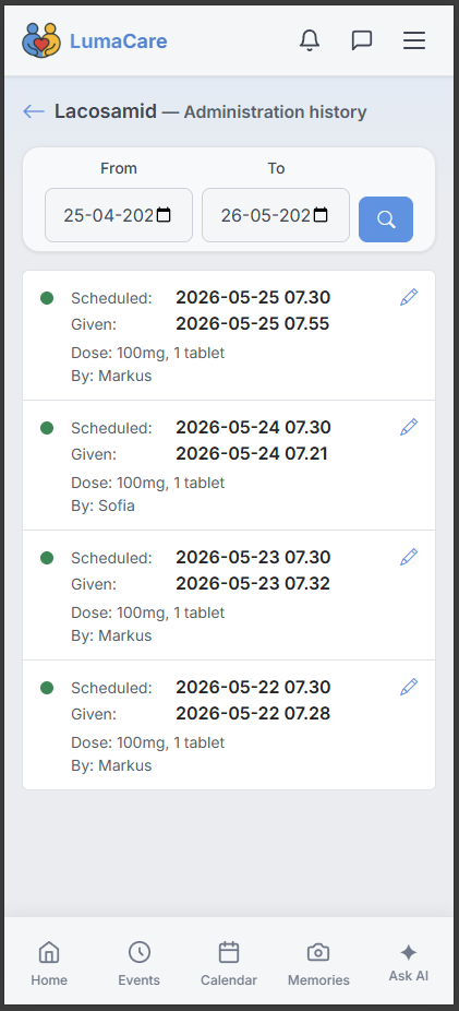 Missed-dose alert and append-only administration history