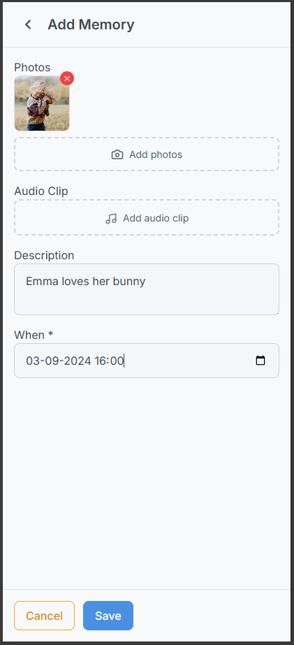 Adding a photo, audio clip, and note as a memory