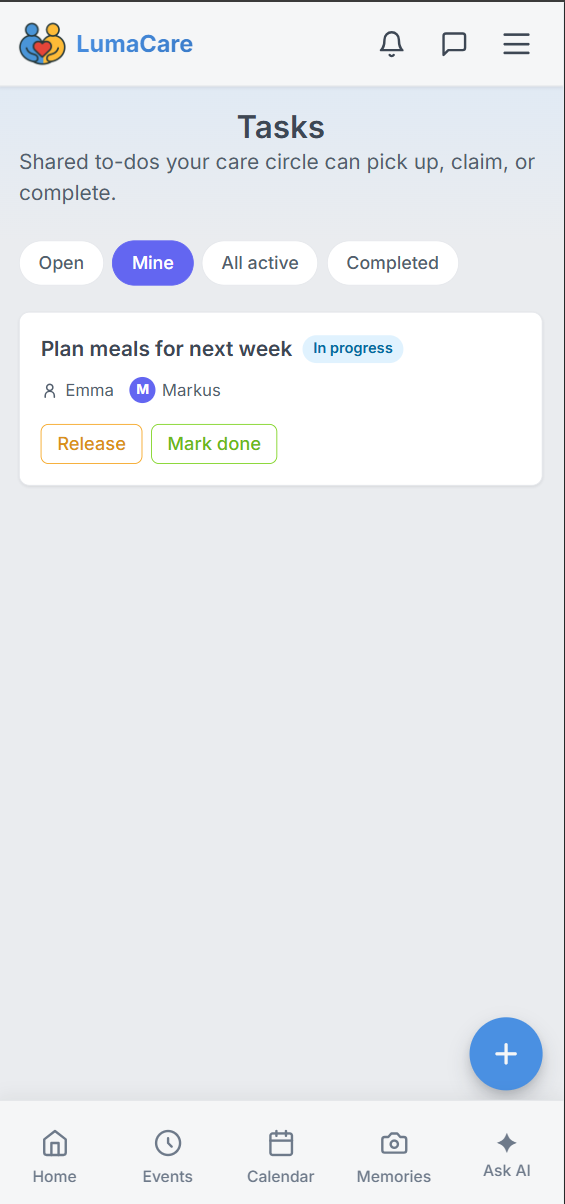 Tracking care tasks from open to completed in LumaCare
