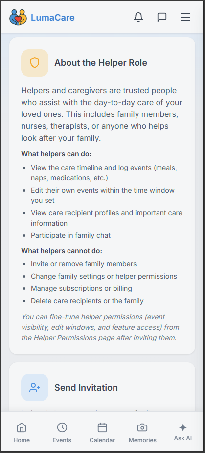 Inviting members to a care team in LumaCare