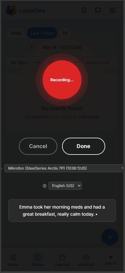 Recording a voice note to log a care event
