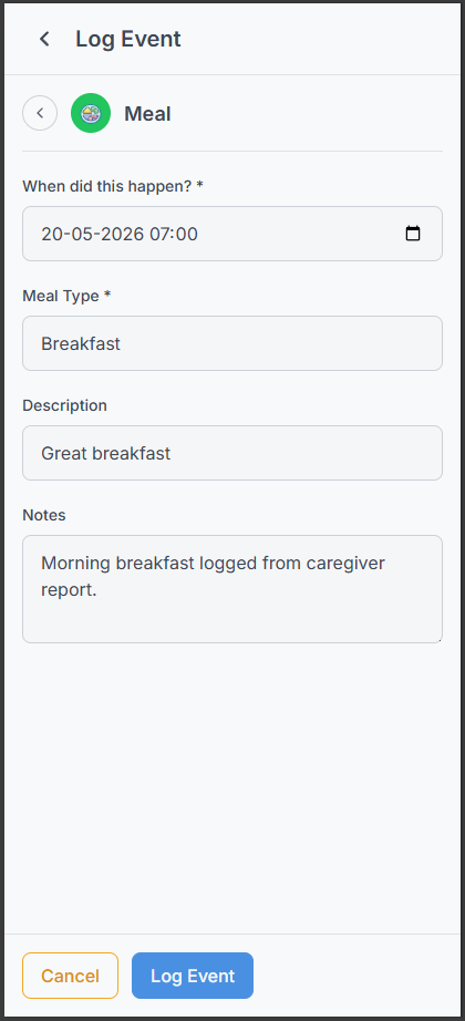 Reviewing and confirming a voice-logged event before saving