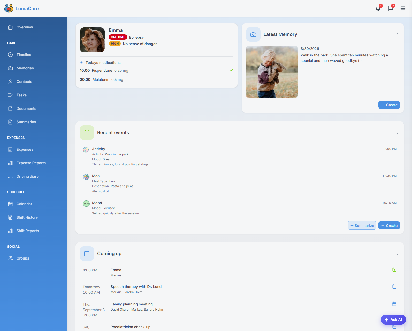 The LumaCare care dashboard