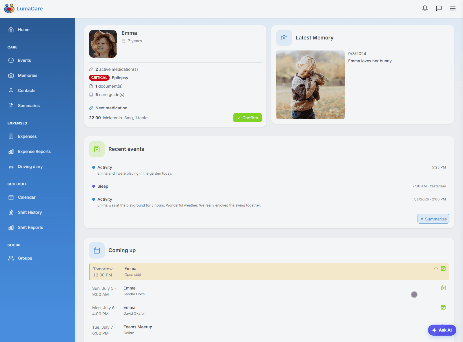 Watch the LumaCare AI assistant answer questions about a loved one's care