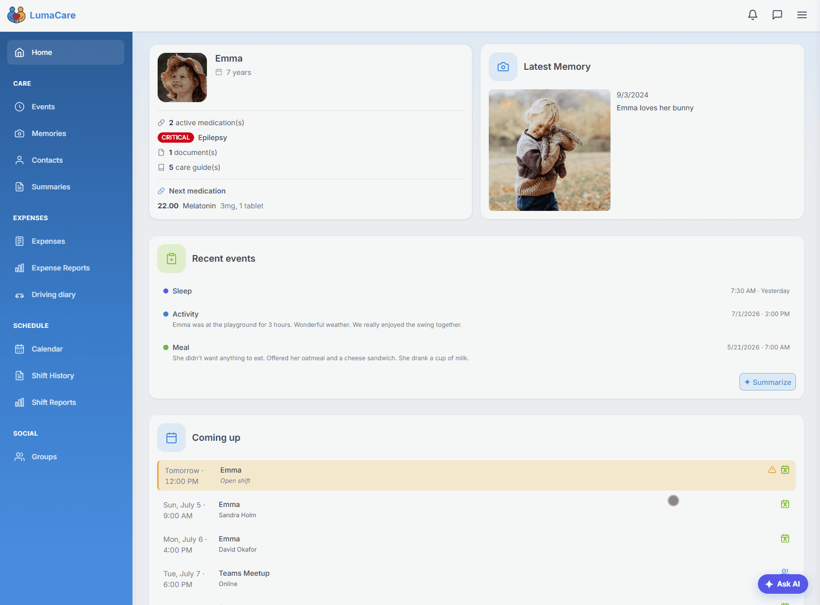 Watch the LumaCare AI assistant create a care log entry from a request