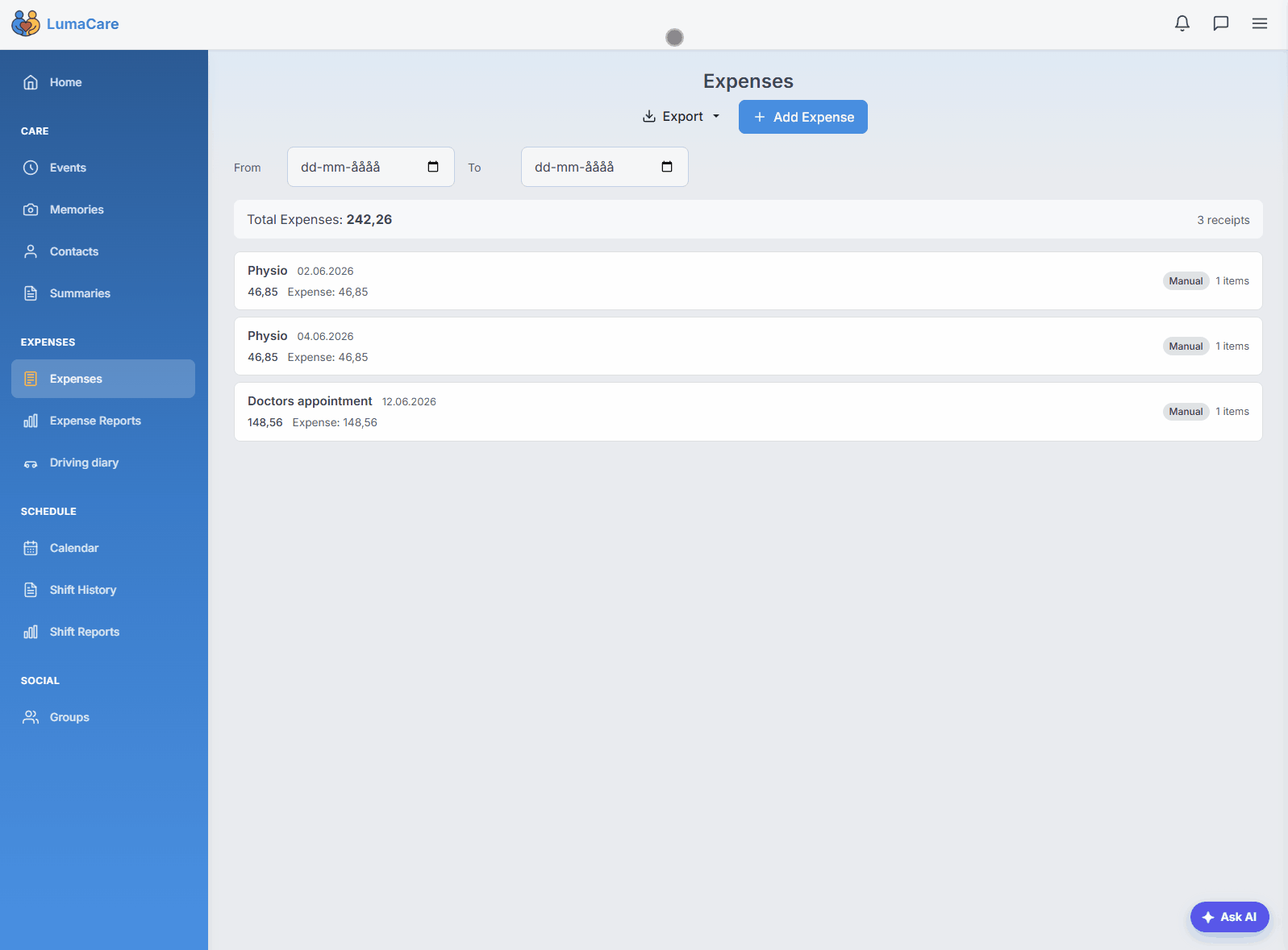 Watch LumaCare parse a receipt photo into a categorised expense