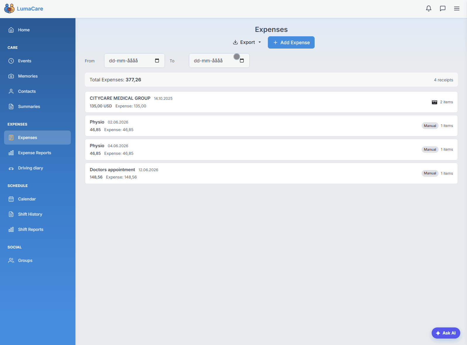 Expense report with charts, totals, and PDF export