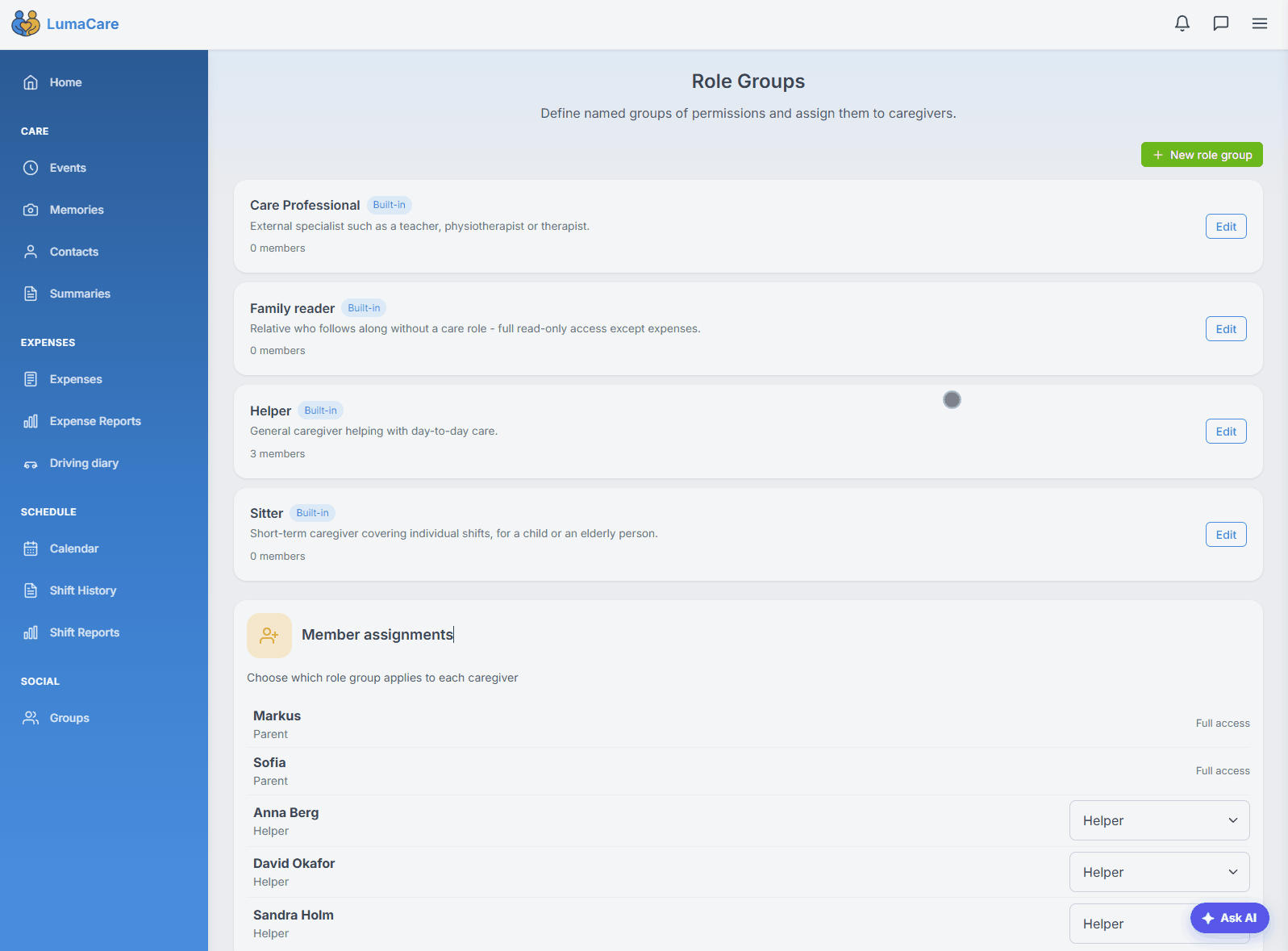 Setting roles and permissions for care team members